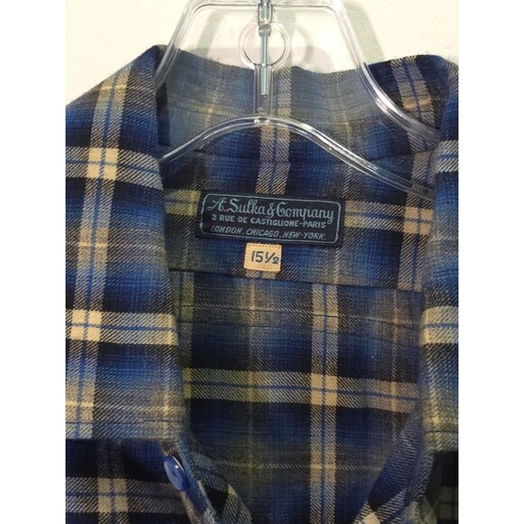 Vintage A. Sulka & Company Blue & Yellow Plaid Button-Up Shirt 15 1/2 Mens Class - Picture 2 of 10